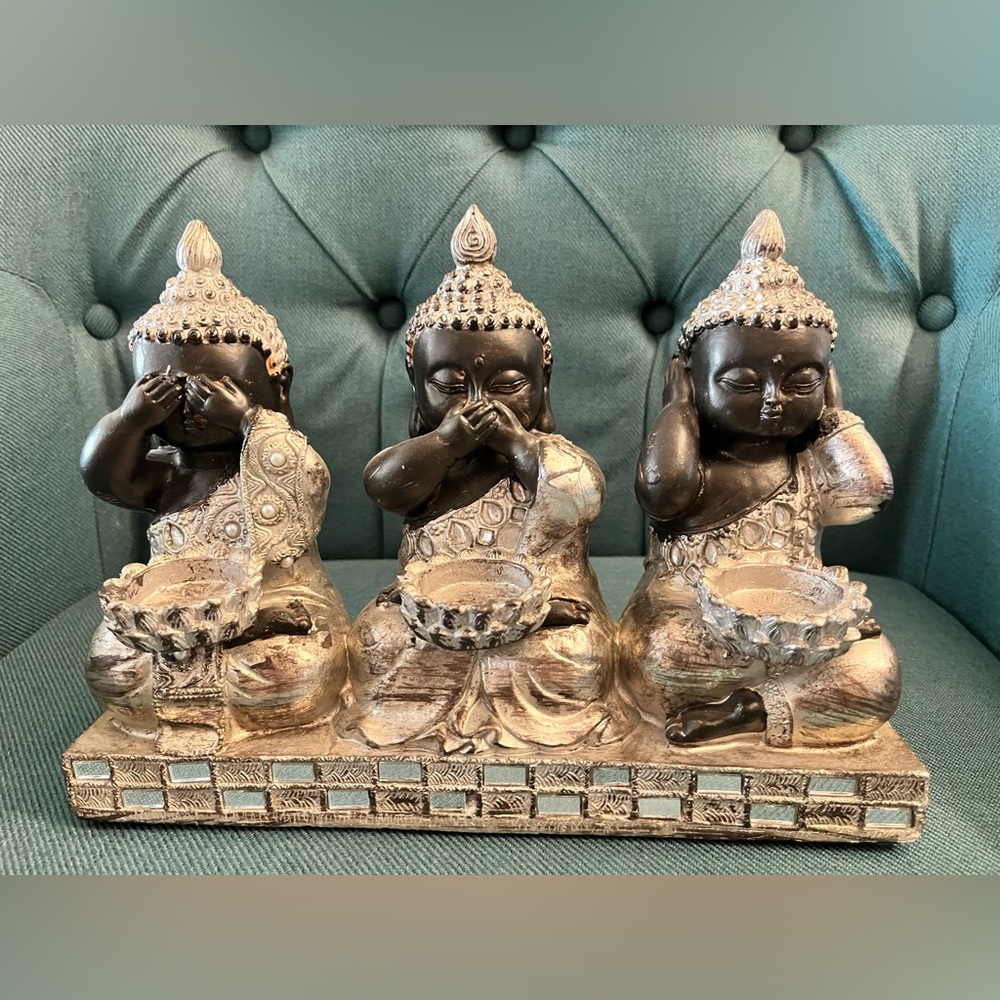 Hear Speak See No Evil Buddha Silver/Black  Tealight Holder